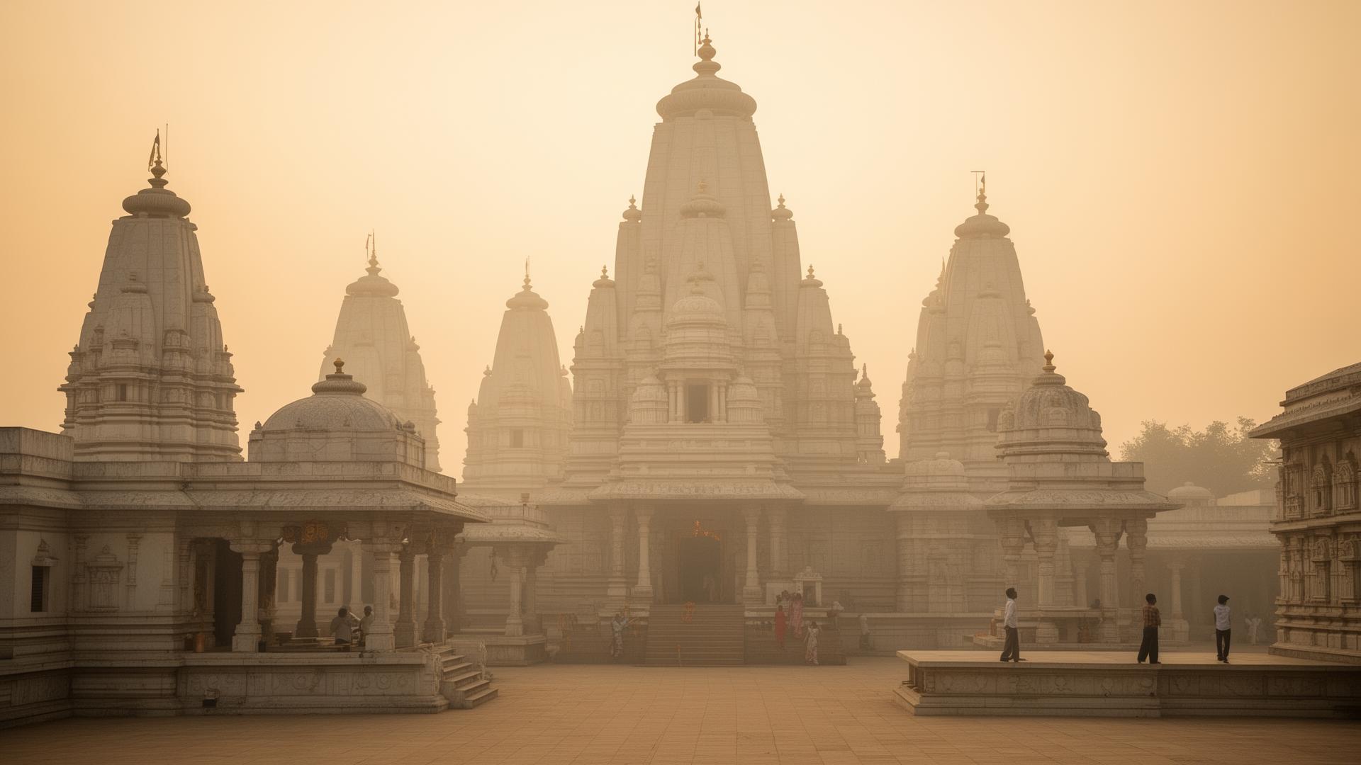 Golden sunrise over an ornate white marble Jain temple complex with carved shikhara spires